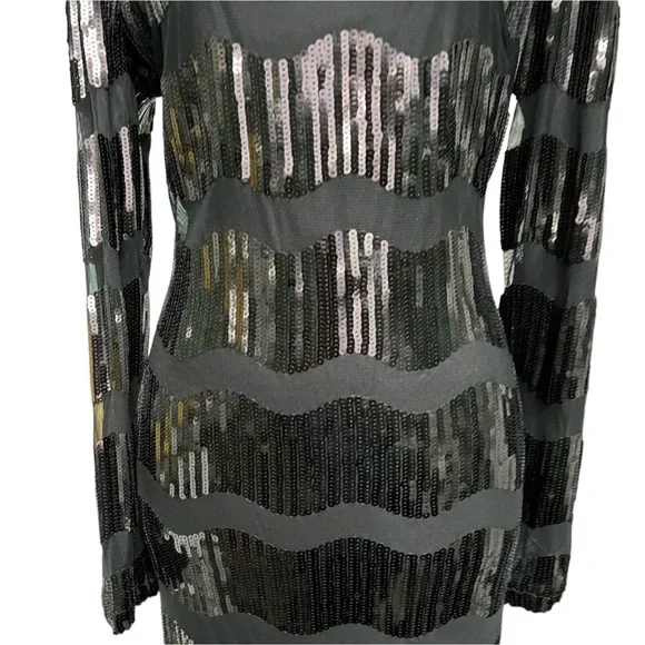 Anthro NANETTE LEPORE Black Wavy Sequin Striped Long Sleeve Dress - Picture 10 of 16